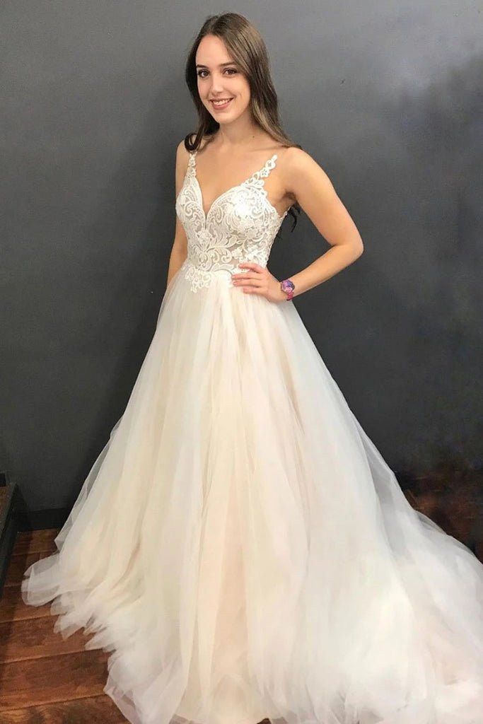 Luolandi A Line Straps Wedding Dress Tulle With Applique Sweep Train Sexy